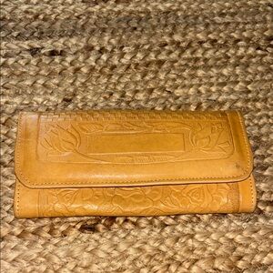Tan Leather Tooled Wallet/ Checkbook Aztec calendar Clutch